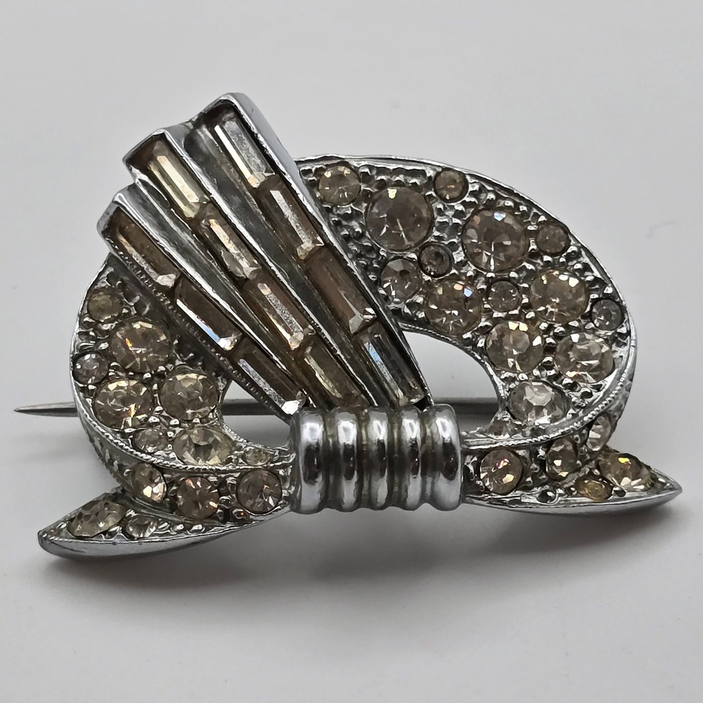 Vintage Art Deco Silver Tone Rhinestone Brooch Baguette Round Clear Stones Pin